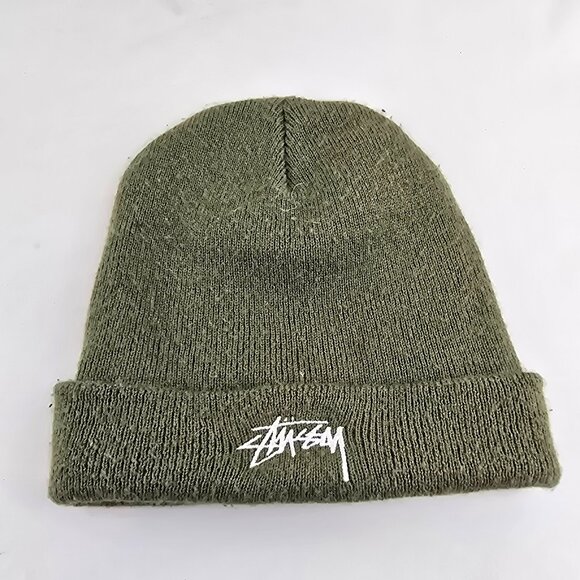 Stussy Olive Green Knit Beanie Made in USA 100% Acrylic Cuffed Winter Hat Street - Picture 1 of 7